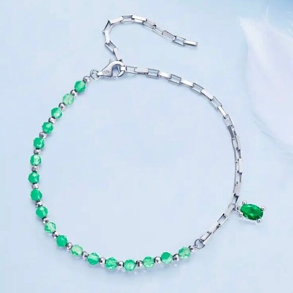 NWT Green Gem Charm Bracelet S925 Sterling Silver Beaded Boxy Chain Delicate - Picture 10 of 10